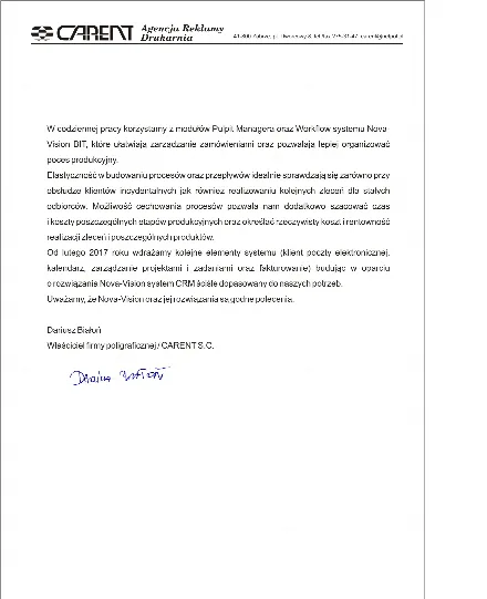 List referencyjny od Carent