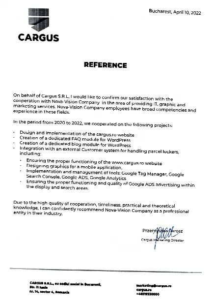 List referencyjny od Cargus