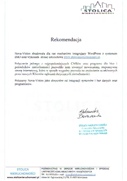 List referencyjny od Stolica Nieruchomości