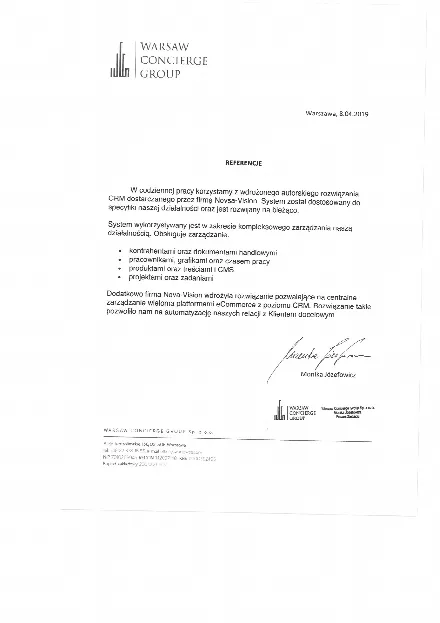 List referencyjny od Warsaw Concierge Group